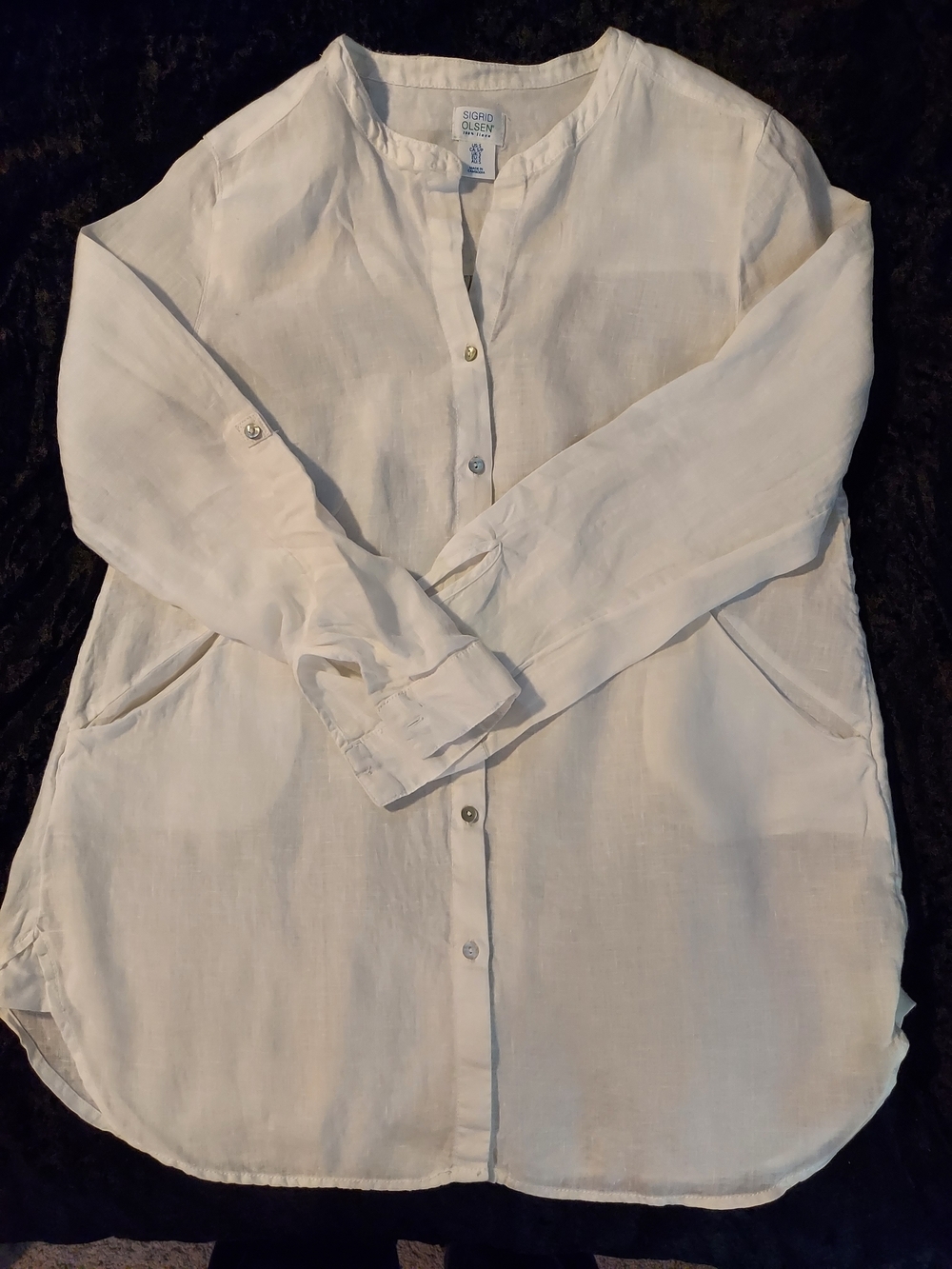 Sigrid Olsen White Linen Roll Tab Sleeve Button-Down Shirt - Picture 9 of 9